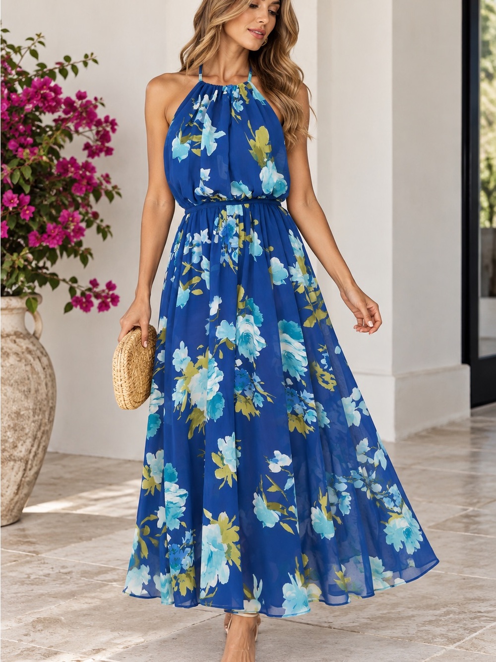 Lulu's Royal Blue Halter Floral Maxi Dress